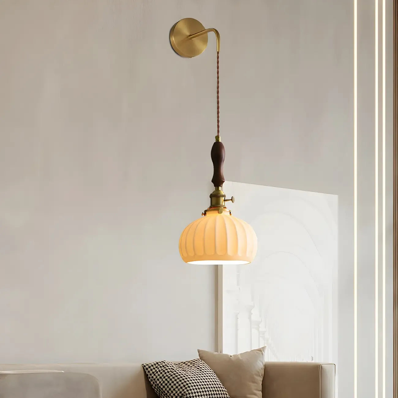 Vintage Brass Ceramic White Pendant Wall Sconce