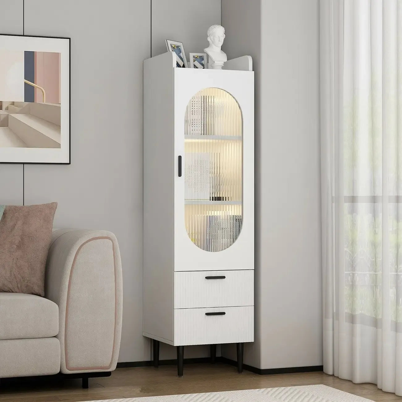 Modern White Wood Glass Storage Cabinet with Tray Top