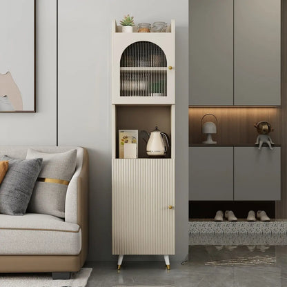 Modern White Wood Glass Storage Cabinet with Tray Top
