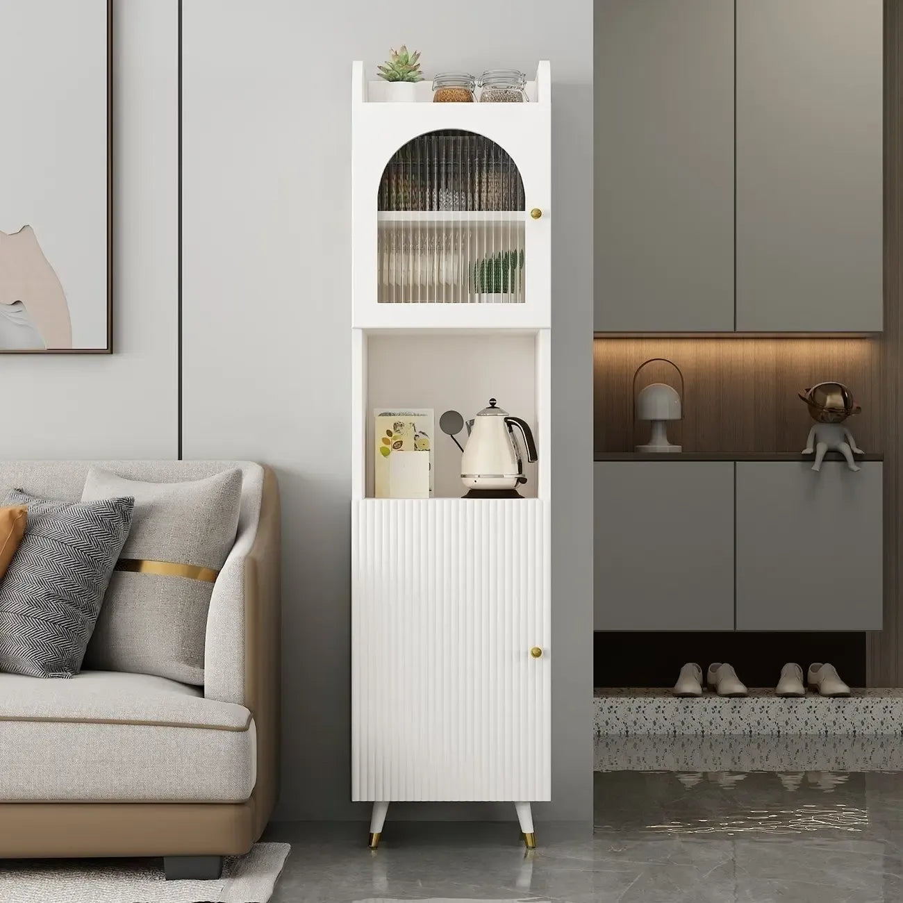 Modern White Wood Glass Storage Cabinet with Tray Top