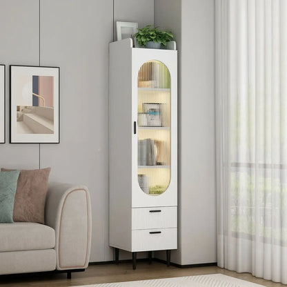 Modern White Wood Glass Storage Cabinet with Tray Top