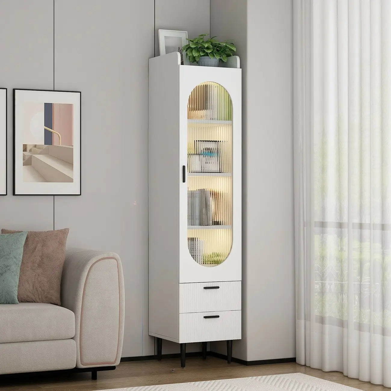 Modern White Wood Glass Storage Cabinet with Tray Top