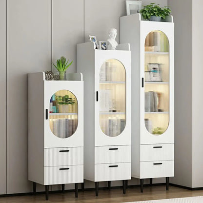 Modern White Wood Glass Storage Cabinet with Tray Top