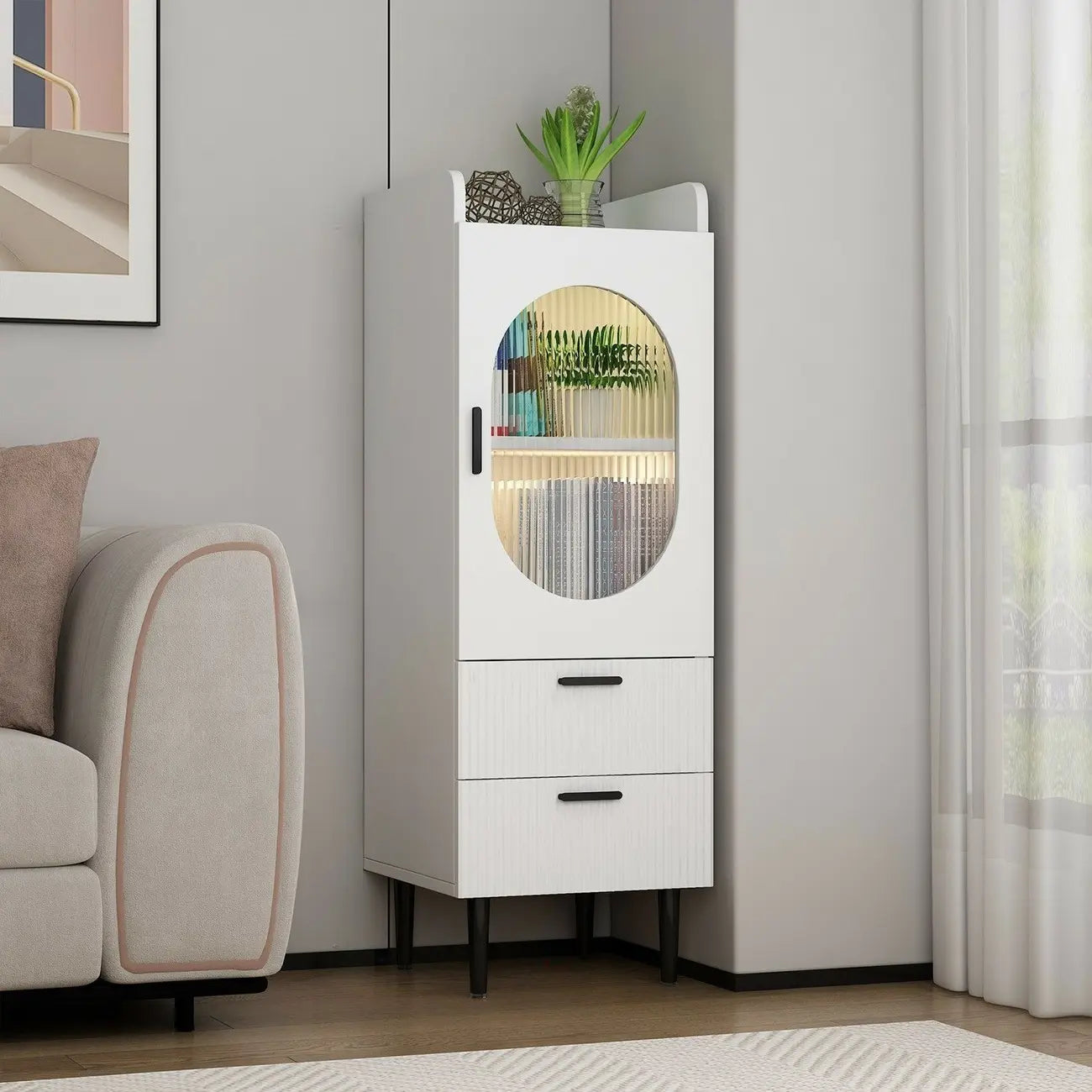 Modern White Wood Glass Storage Cabinet with Tray Top