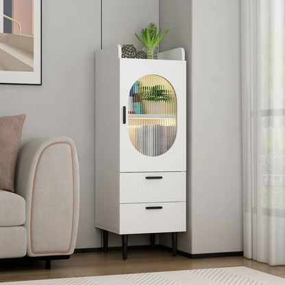 Modern White Wood Glass Storage Cabinet with Tray Top