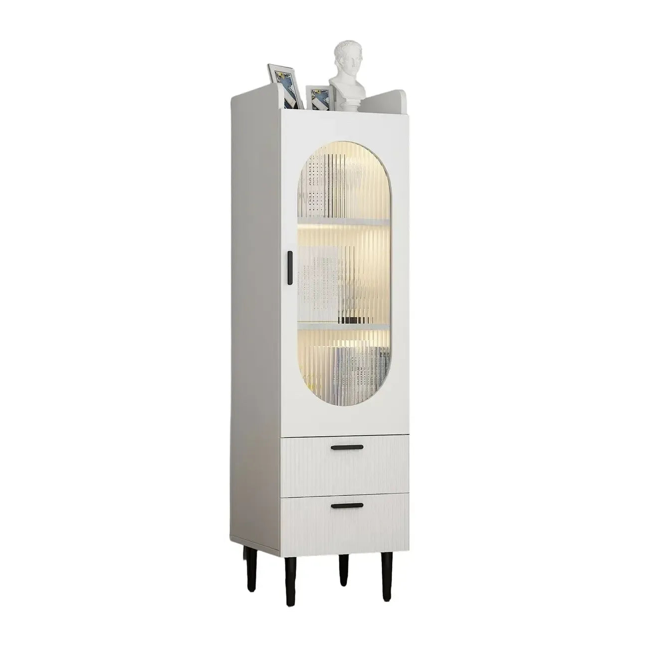 Modern White Wood Glass Storage Cabinet with Tray Top