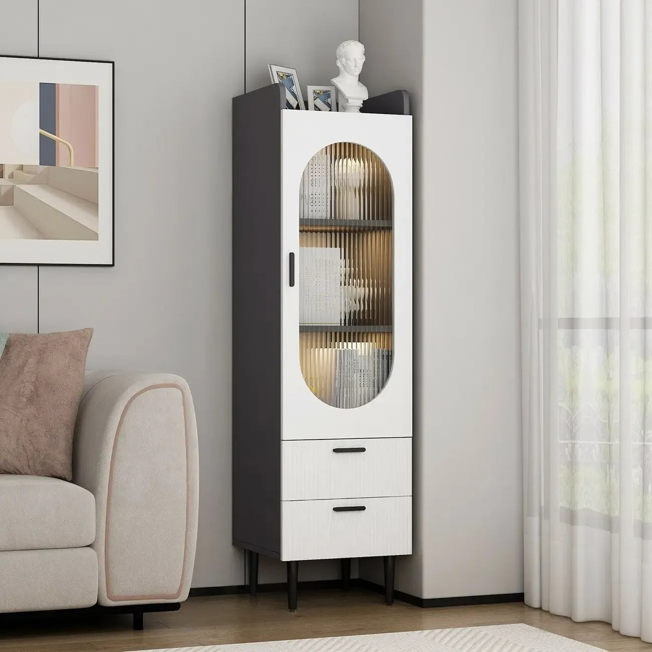 Modern White Wood Glass Storage Cabinet with Tray Top