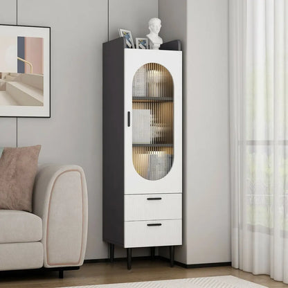 Modern White Wood Glass Storage Cabinet with Tray Top