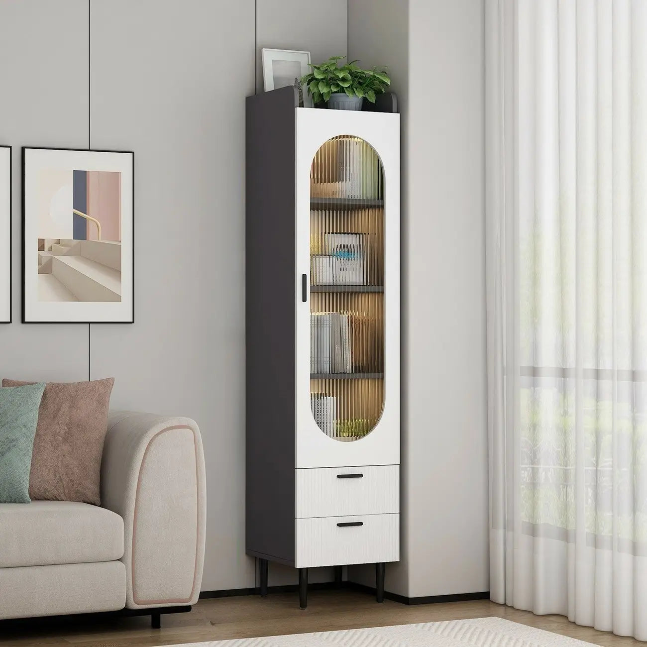 Modern White Wood Glass Storage Cabinet with Tray Top