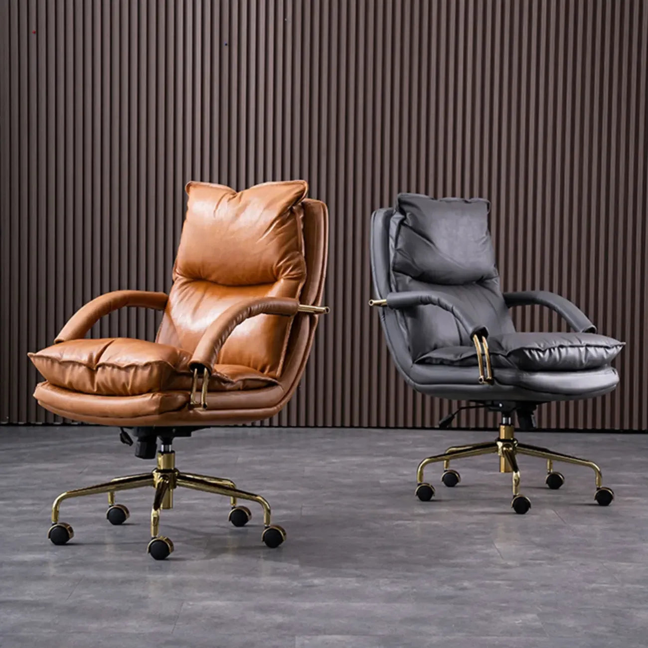 Brown Genuine Leather Ergonomic Wheeled Office Chair