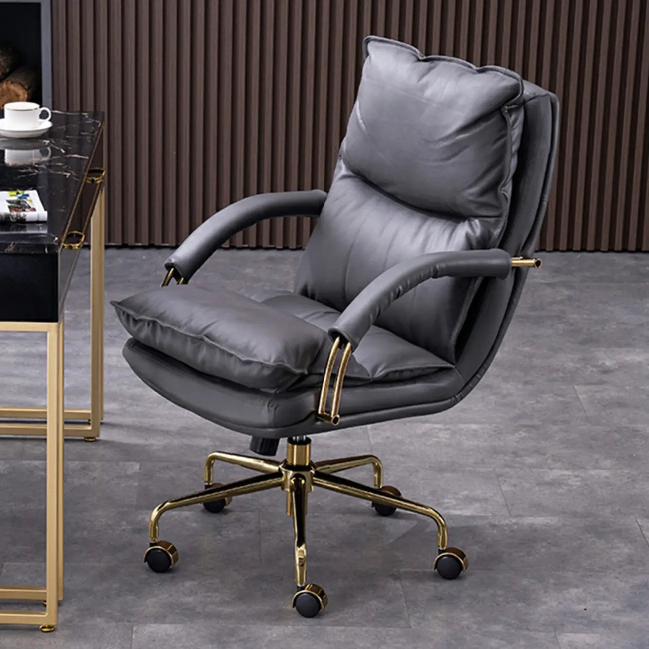 Brown Genuine Leather Ergonomic Wheeled Office Chair
