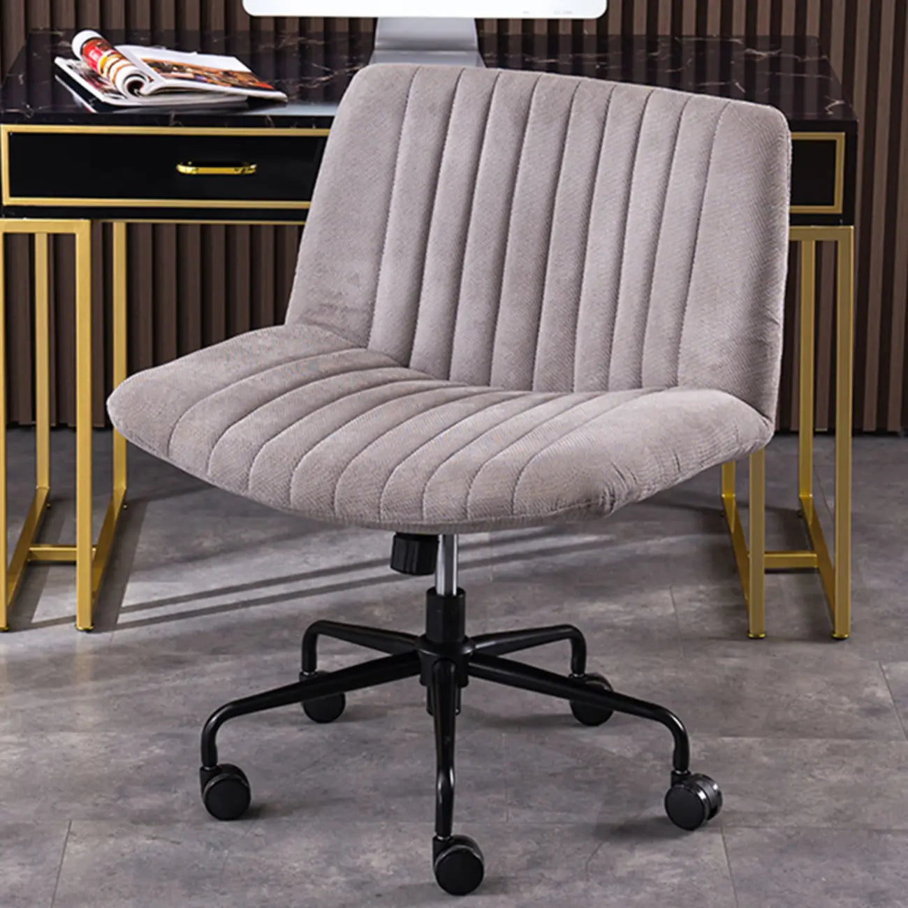 Elegant Gray Linen Upholstered Swivel Office Chair