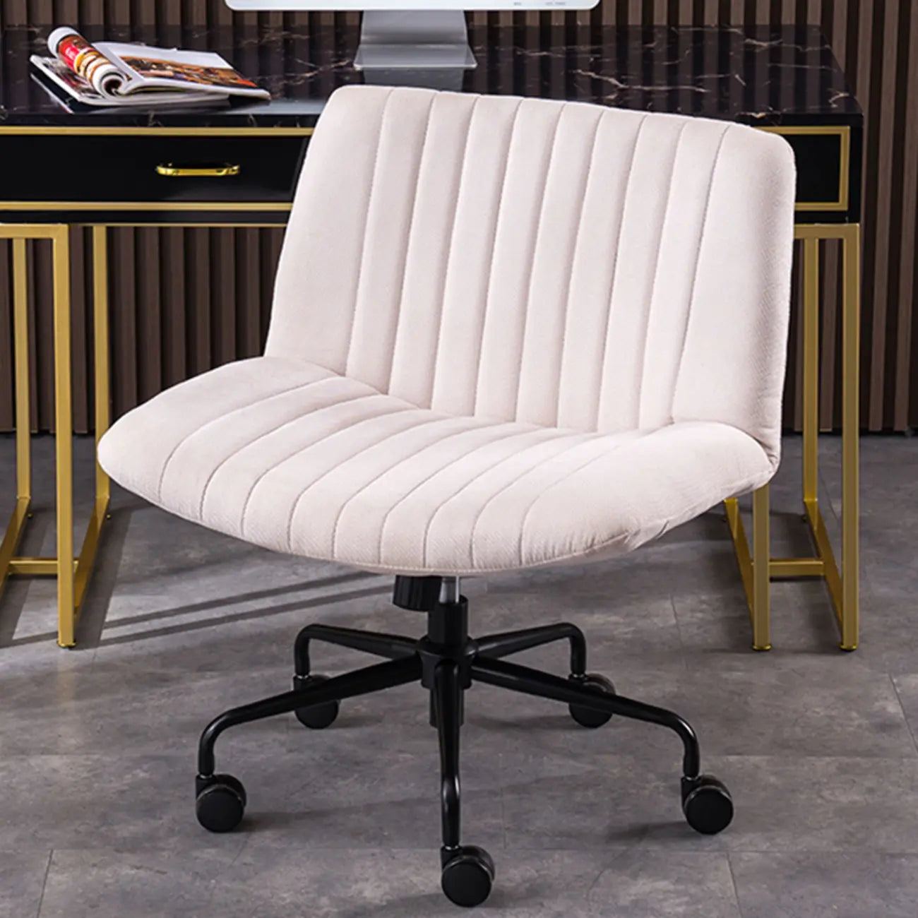 Elegant Gray Linen Upholstered Swivel Office Chair