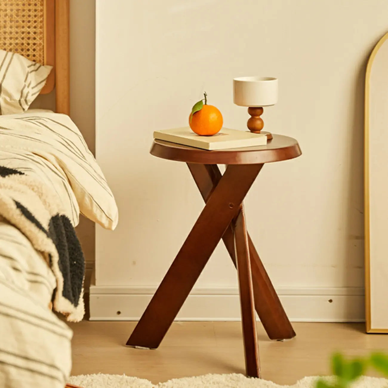 Modern Round Wood Side Table with Cross Legs