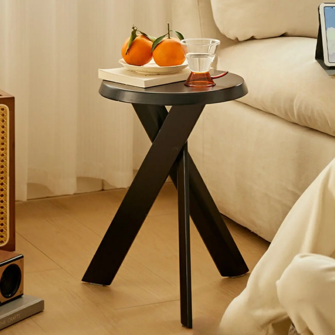 Modern Round Wood Side Table with Cross Legs