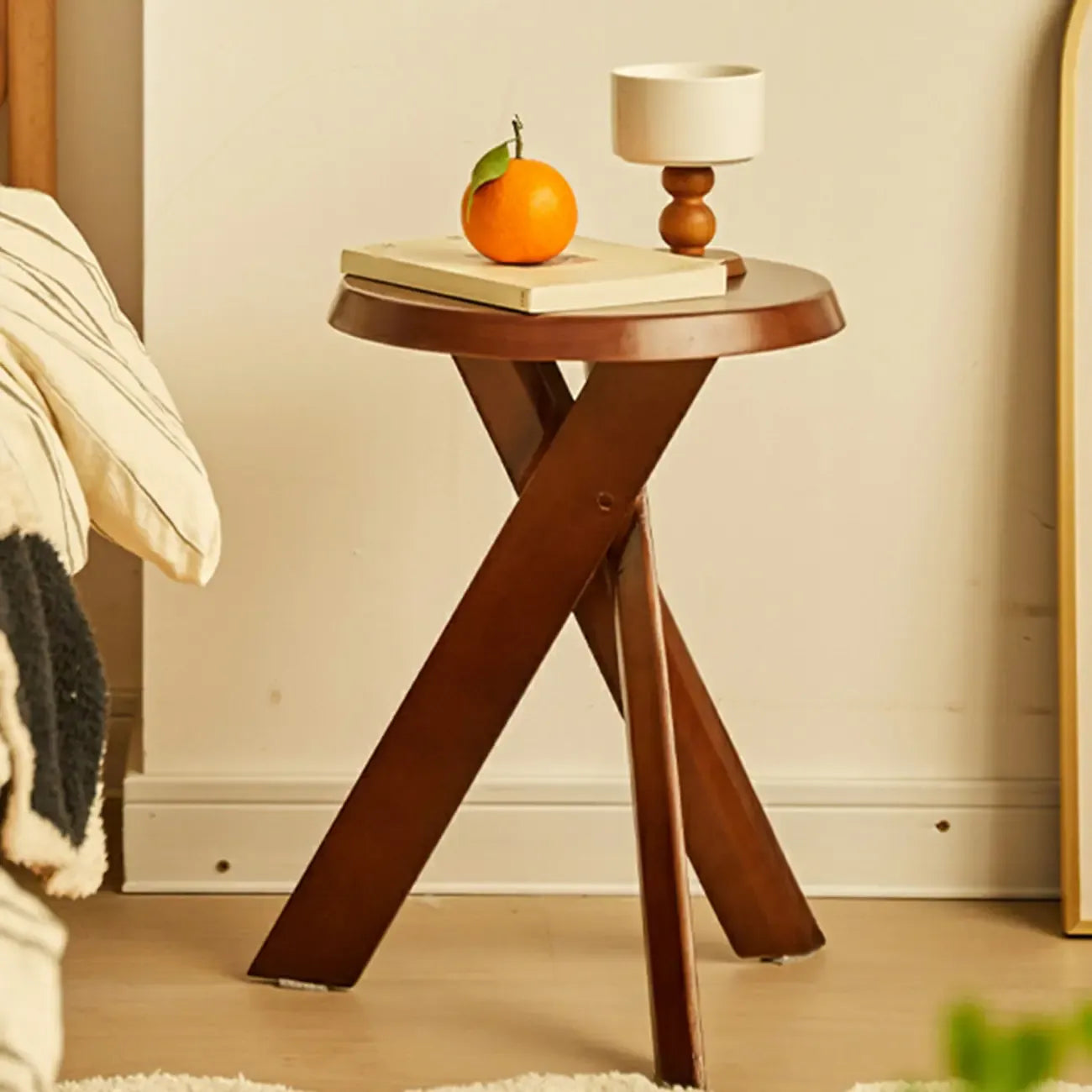 Modern Round Wood Side Table with Cross Legs