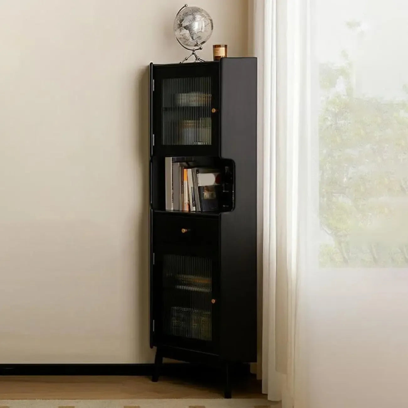 Modern Espresso Wood Glass Paned Corner Storage Cabinet