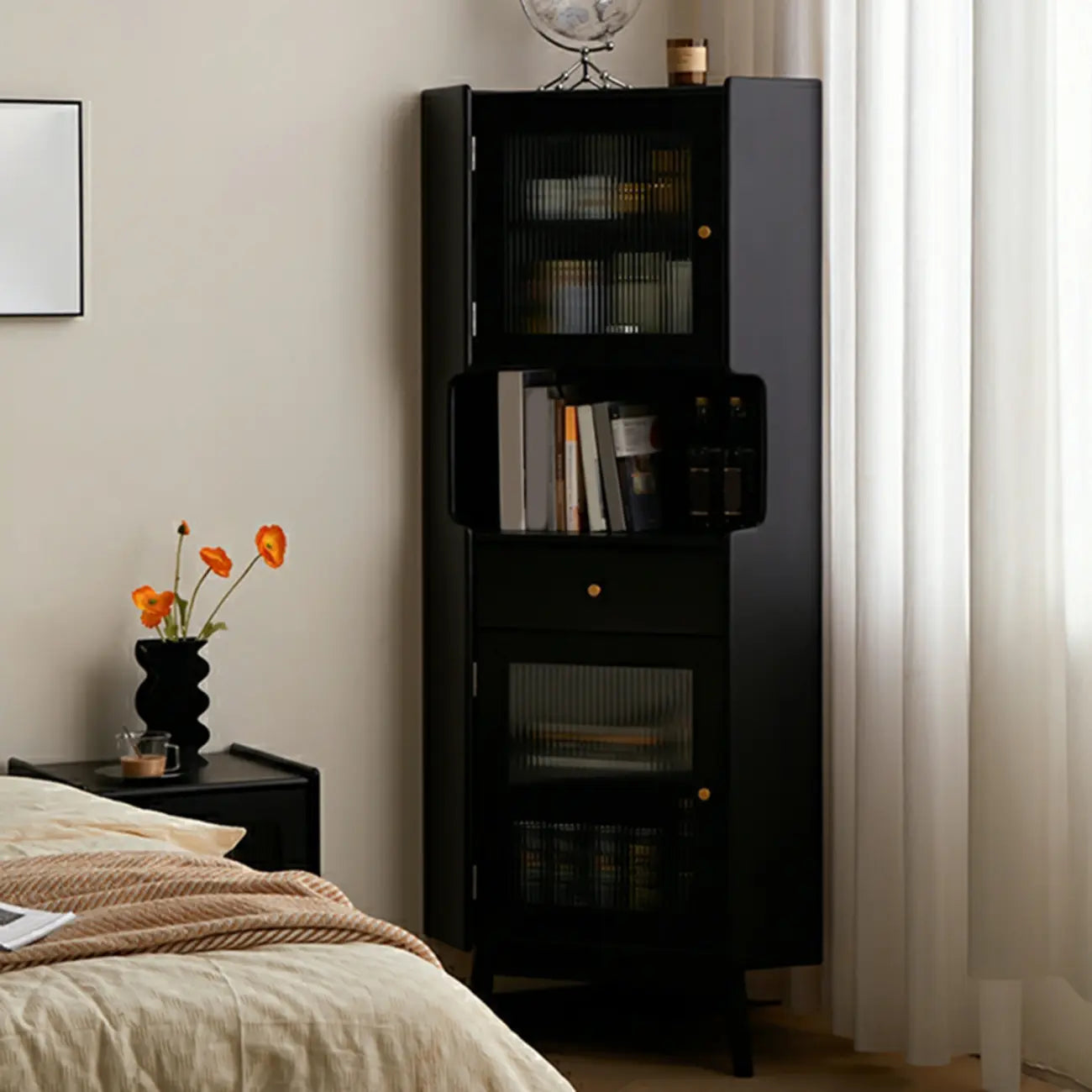 Modern Espresso Wood Glass Paned Corner Storage Cabinet