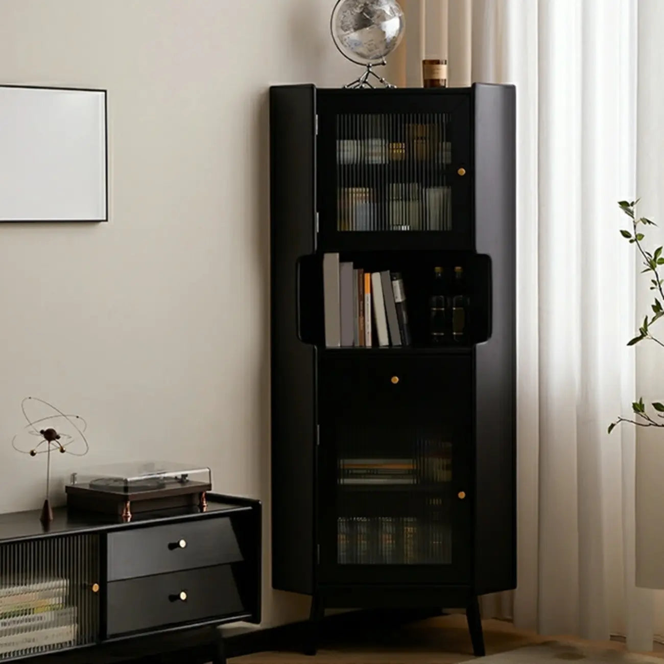 Modern Espresso Wood Glass Paned Corner Storage Cabinet