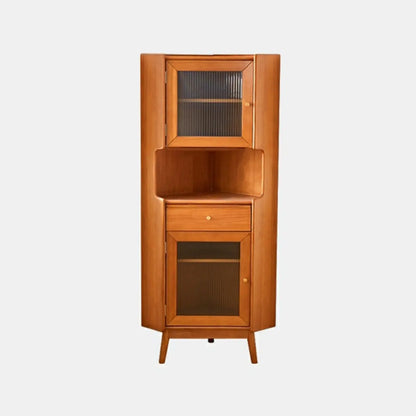 Modern Espresso Wood Glass Paned Corner Storage Cabinet