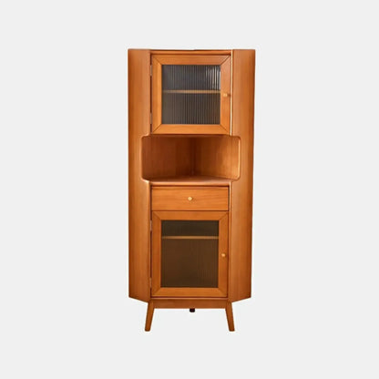 Modern Espresso Wood Glass Paned Corner Storage Cabinet