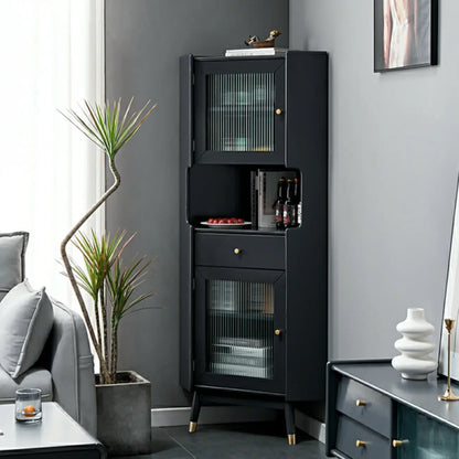 Modern Espresso Wood Glass Paned Corner Storage Cabinet