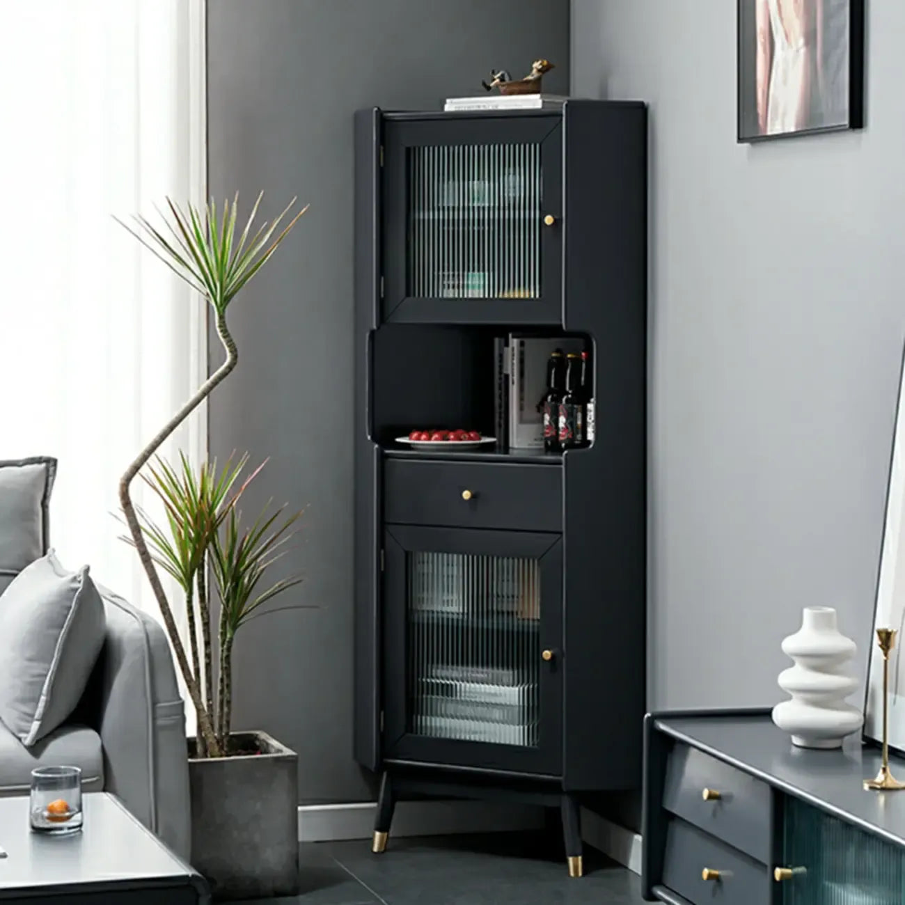 Modern Espresso Wood Glass Paned Corner Storage Cabinet