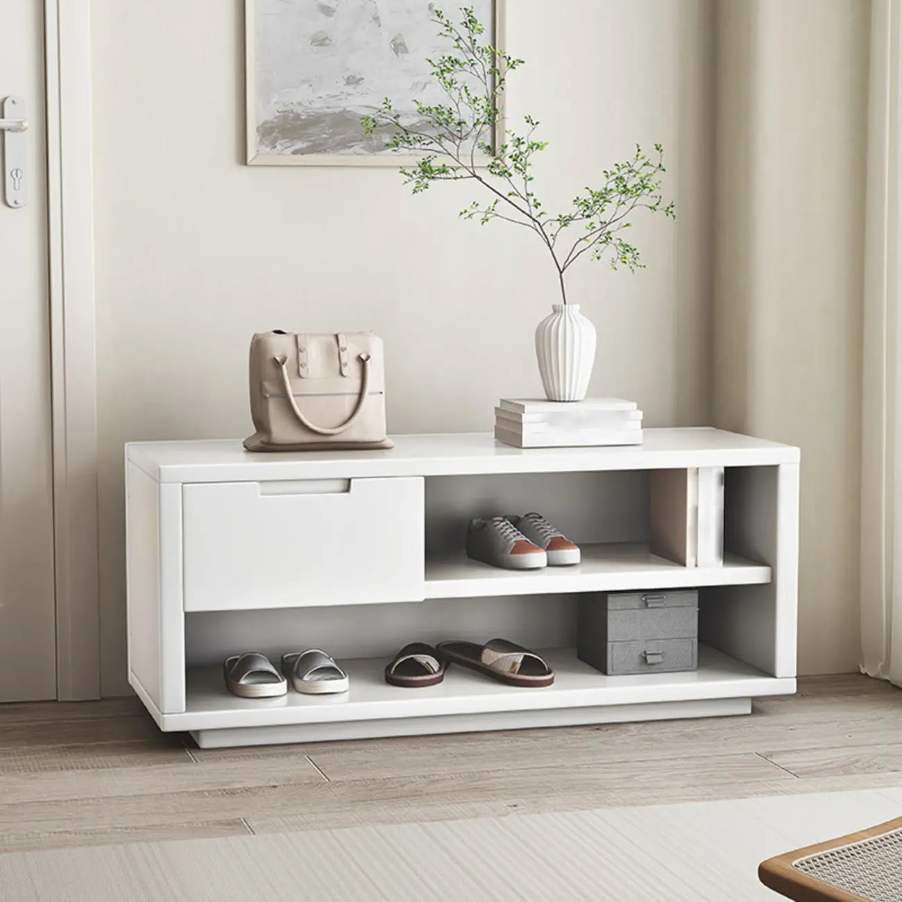 Entryway Rubberwood Singer Drawer Shoe Storage Bench