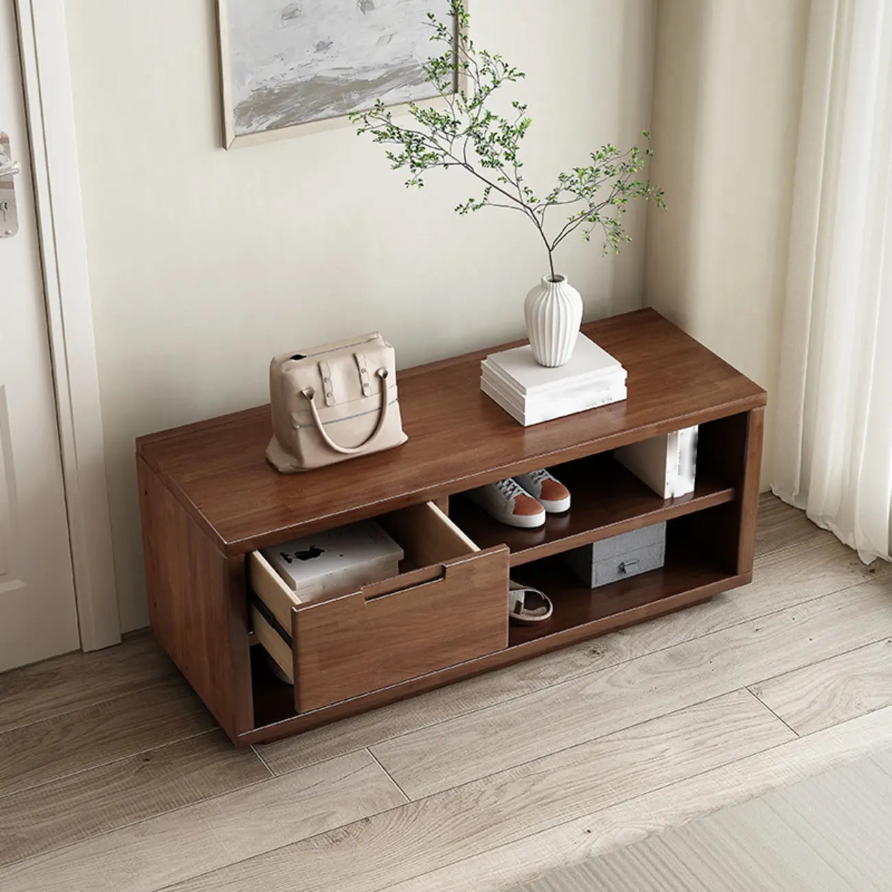 Entryway Rubberwood Singer Drawer Shoe Storage Bench