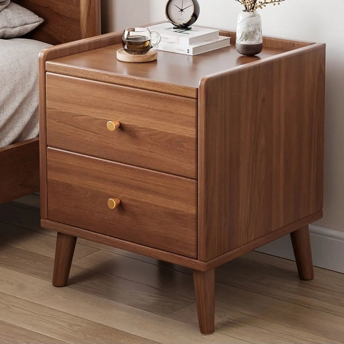 Natural Wood Scandinavian 2-Drawers Narrow Nightstand