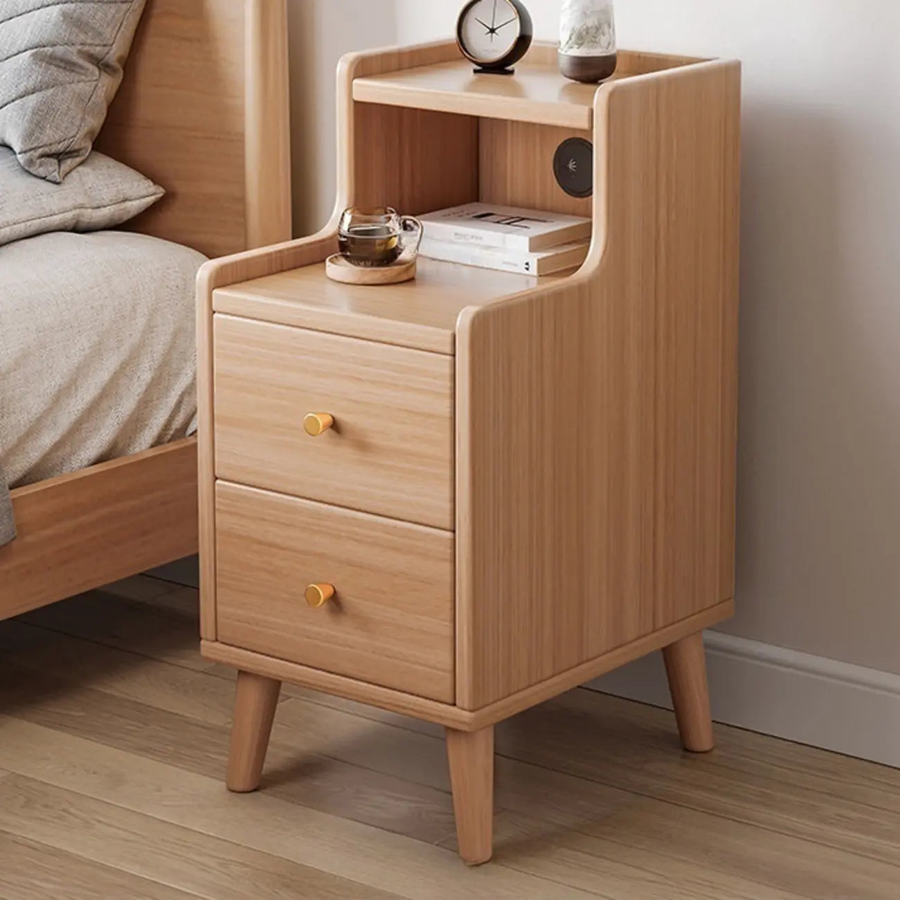 Natural Wood Scandinavian 2-Drawers Narrow Nightstand