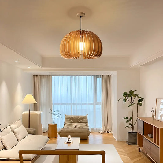 Modern Wood Drum Cord Hanging Pendant Light