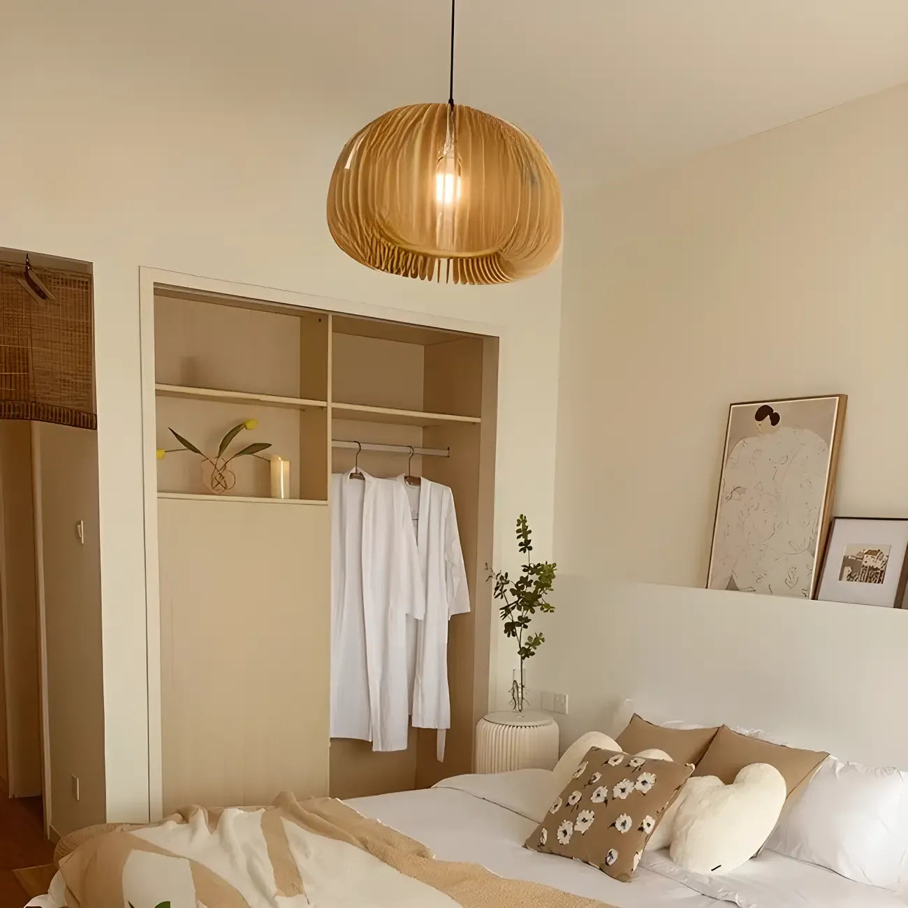 Modern Wood Drum Cord Hanging Pendant Light