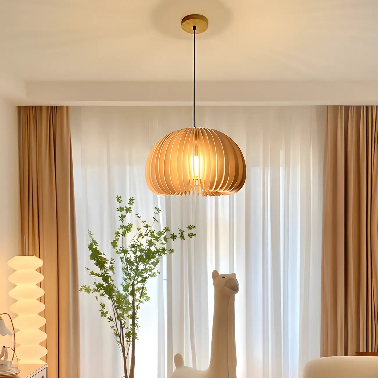 Modern Wood Drum Cord Hanging Pendant Light