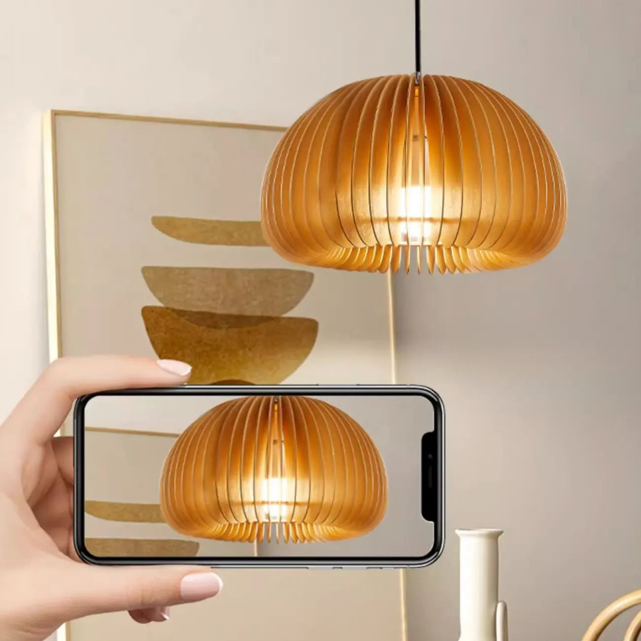 Modern Wood Drum Cord Hanging Pendant Light