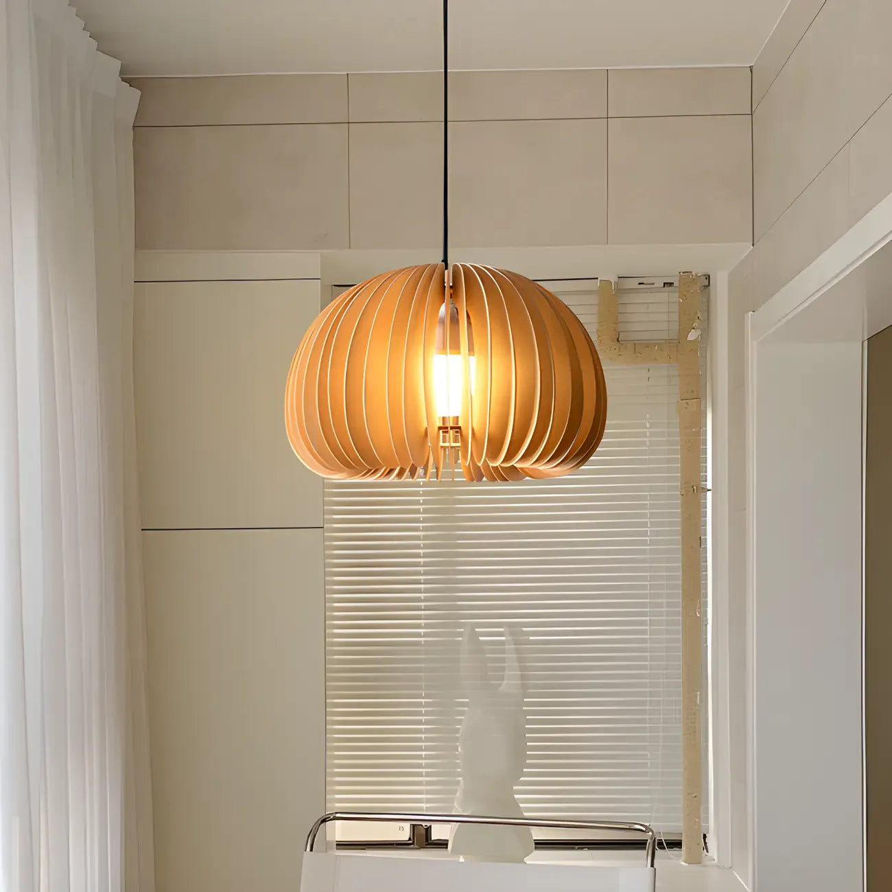 Modern Wood Drum Cord Hanging Pendant Light