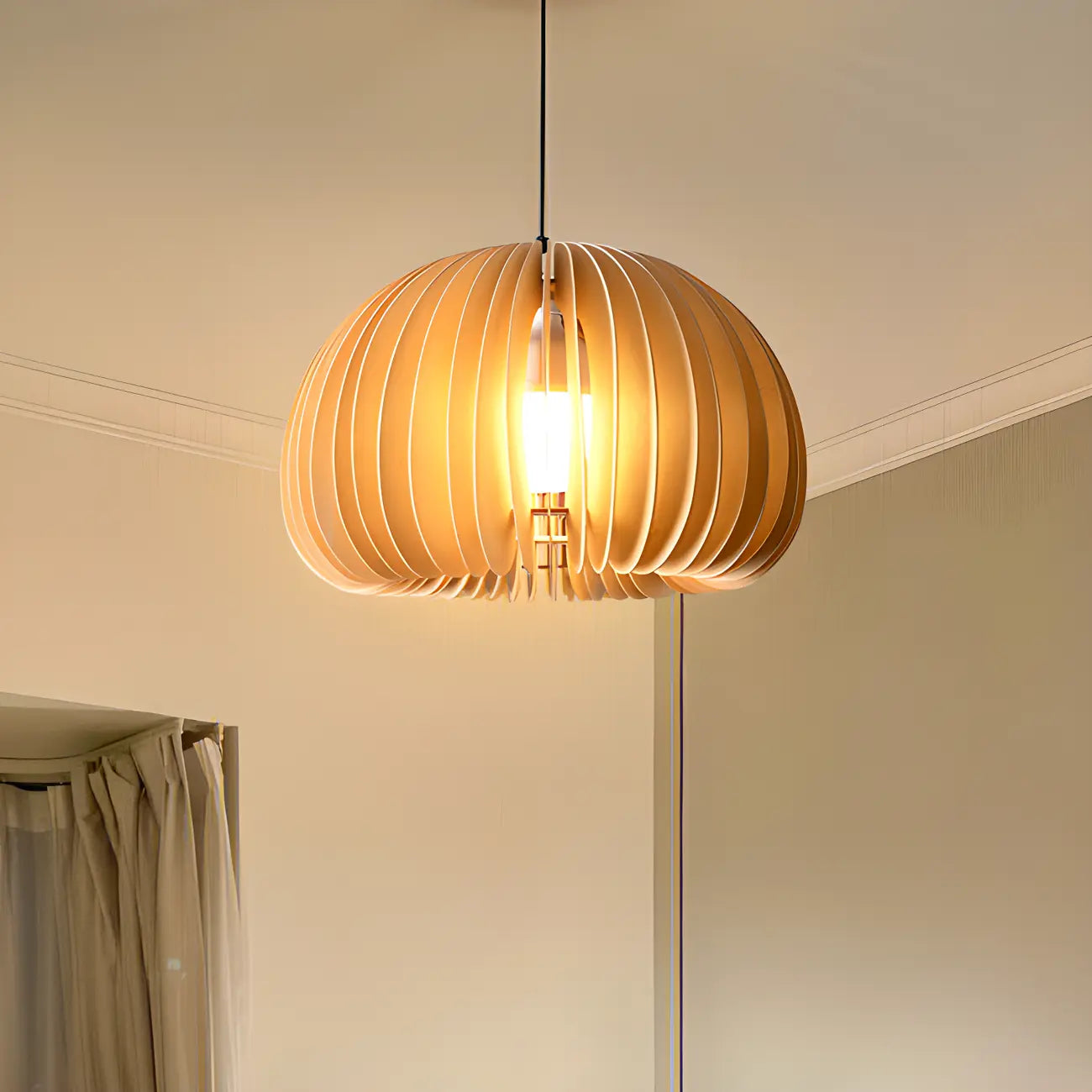 Modern Wood Drum Cord Hanging Pendant Light