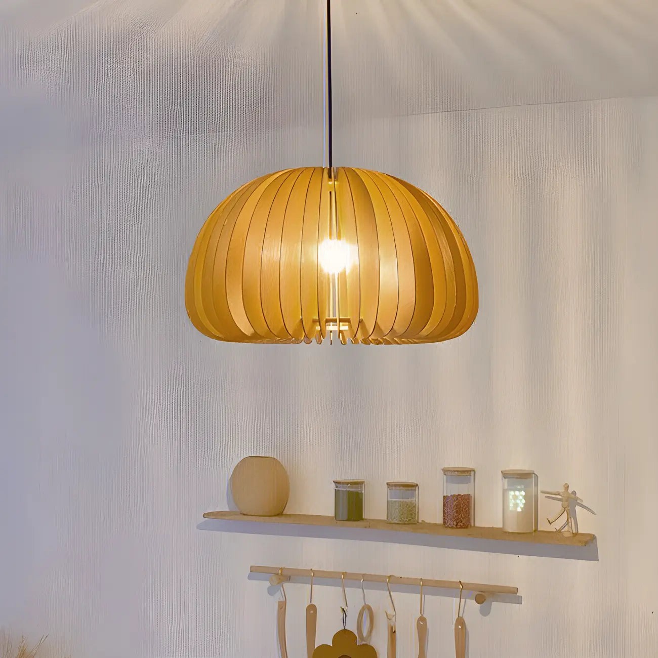Modern Wood Drum Cord Hanging Pendant Light