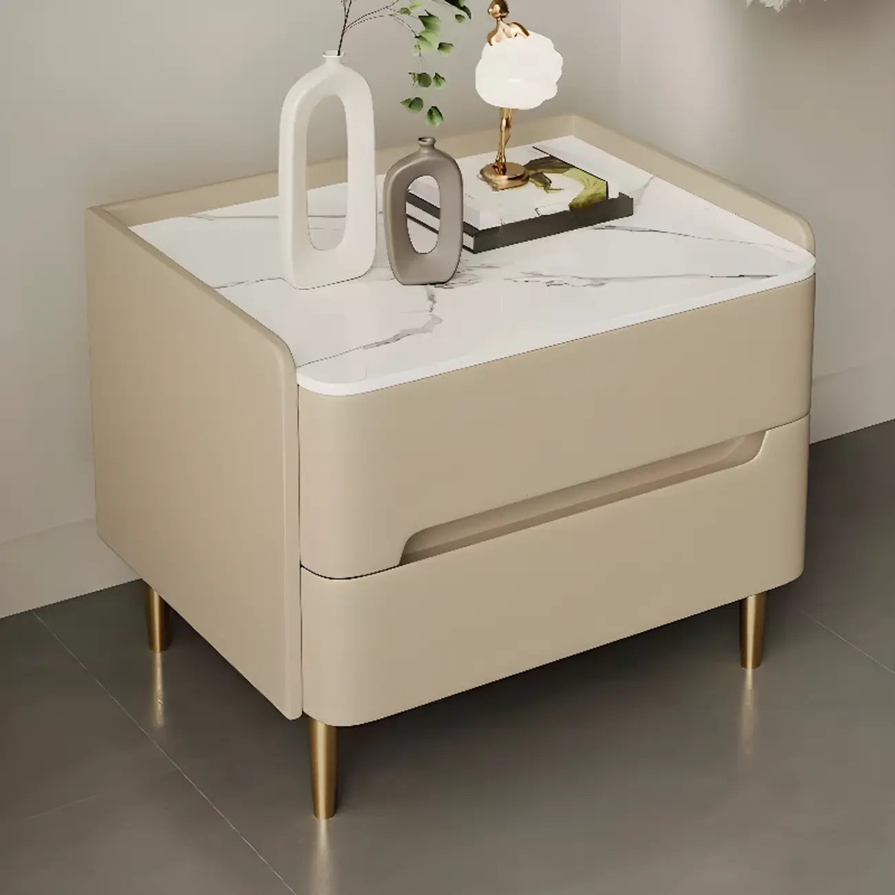 Modern Bedside Table with Marble Top & Storage Drawers
