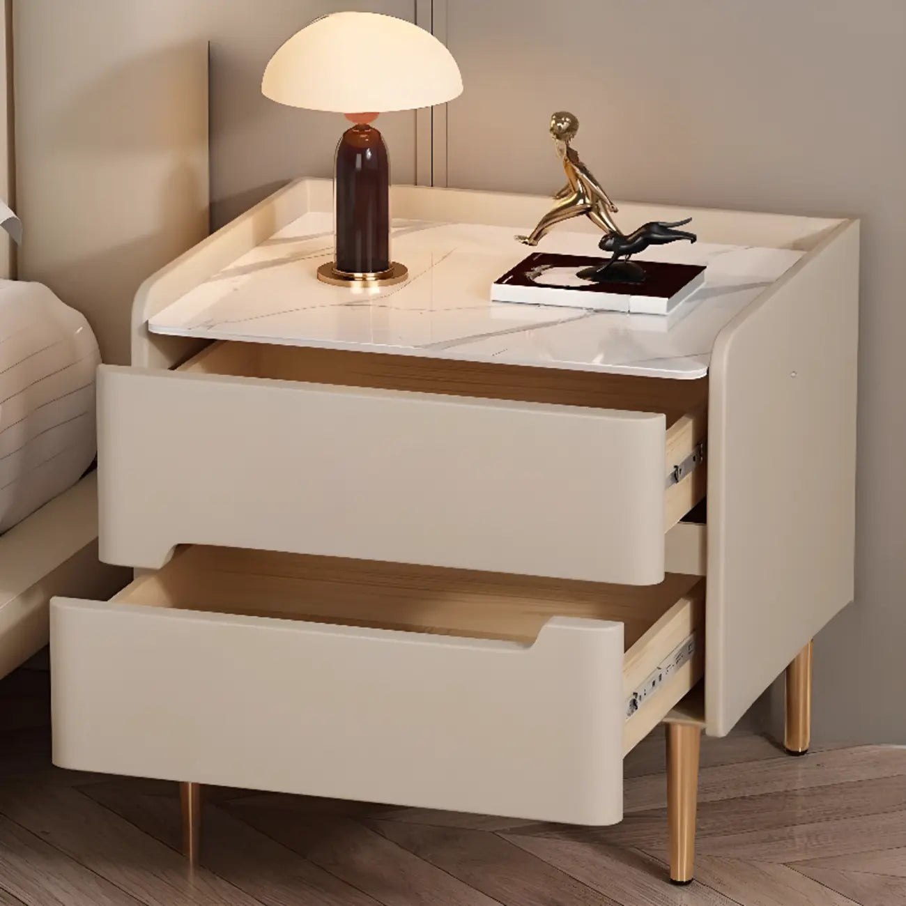 Modern Bedside Table with Marble Top & Storage Drawers