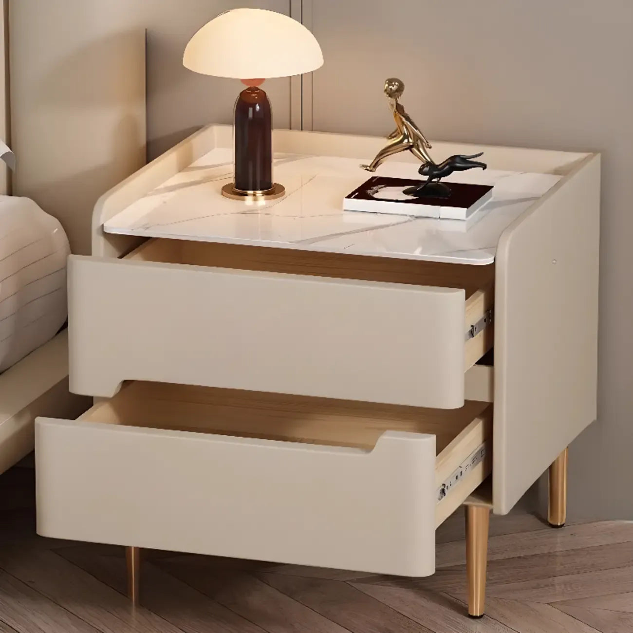 Modern Bedside Table with Marble Top & Storage Drawers