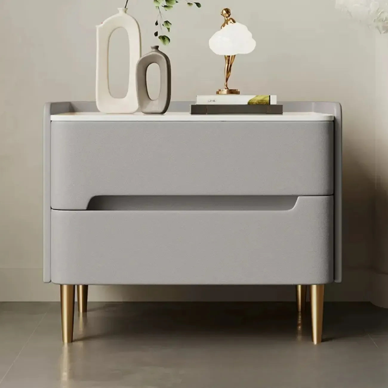 Modern Bedside Table with Marble Top & Storage Drawers