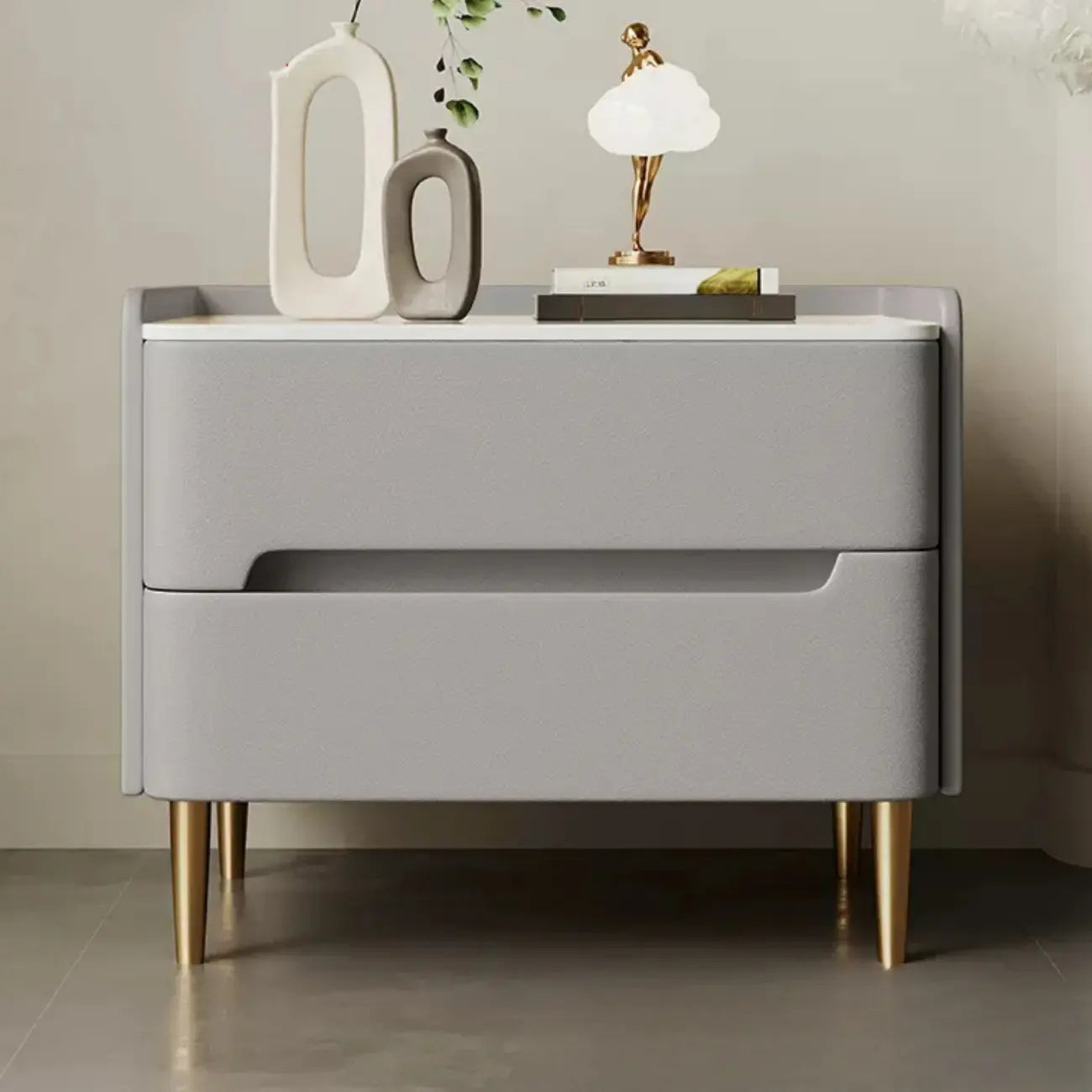 Modern Bedside Table with Marble Top & Storage Drawers