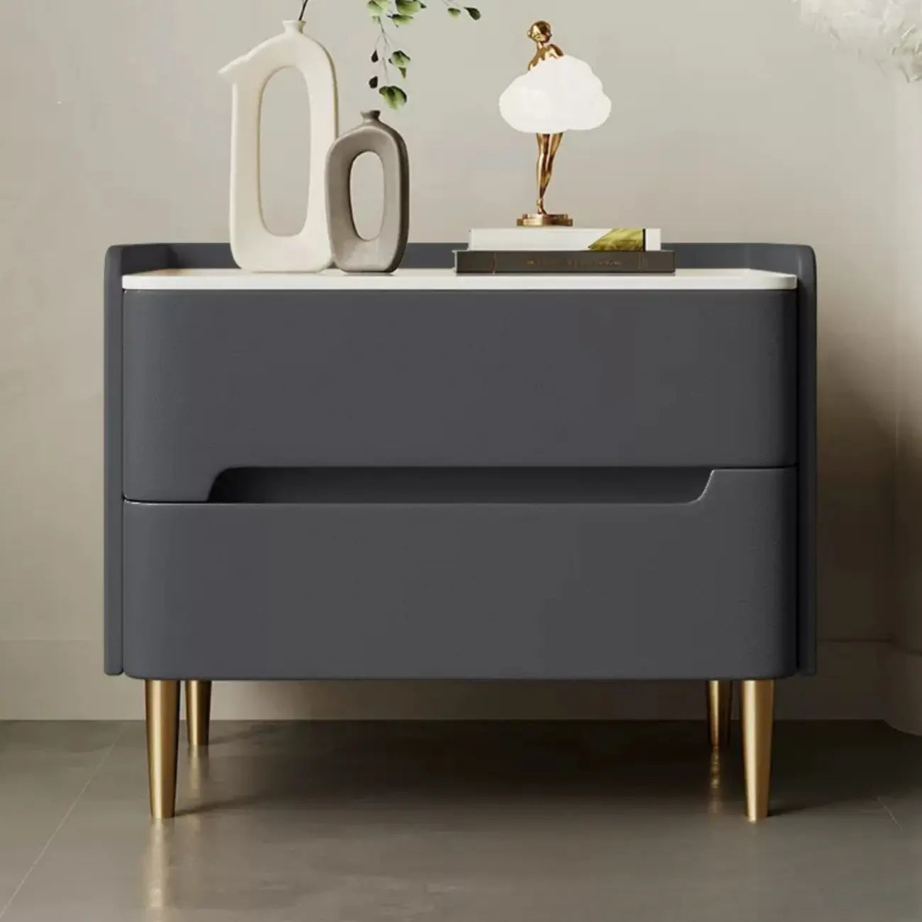 Modern Bedside Table with Marble Top & Storage Drawers