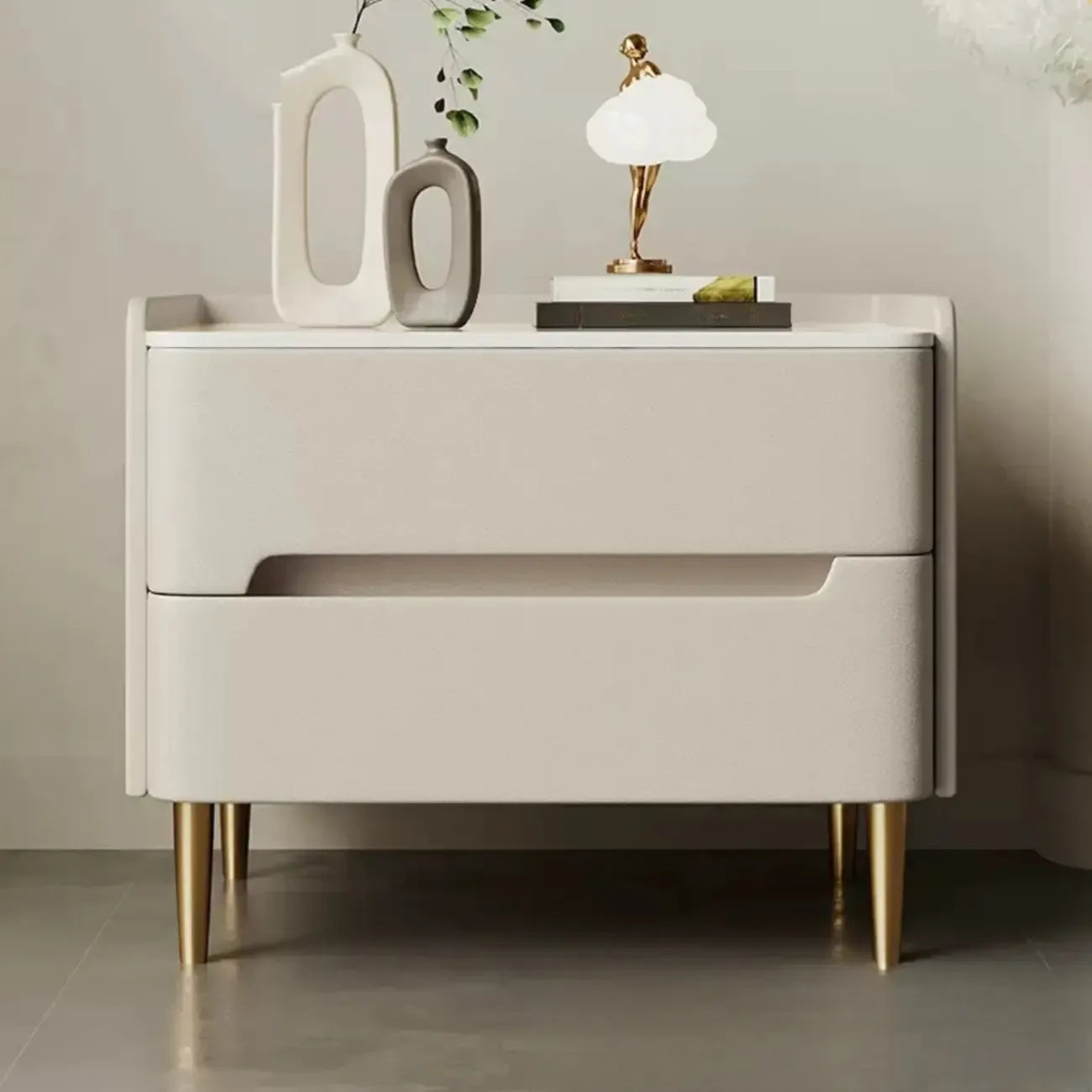 Modern Bedside Table with Marble Top & Storage Drawers