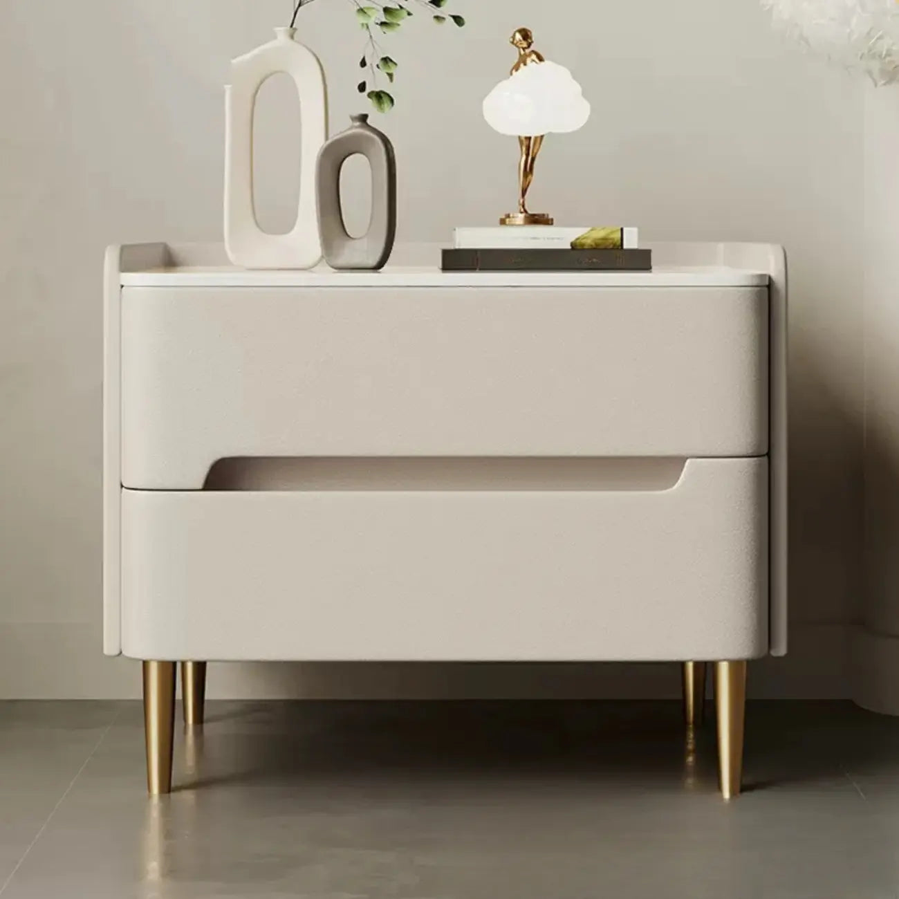 Modern Bedside Table with Marble Top & Storage Drawers