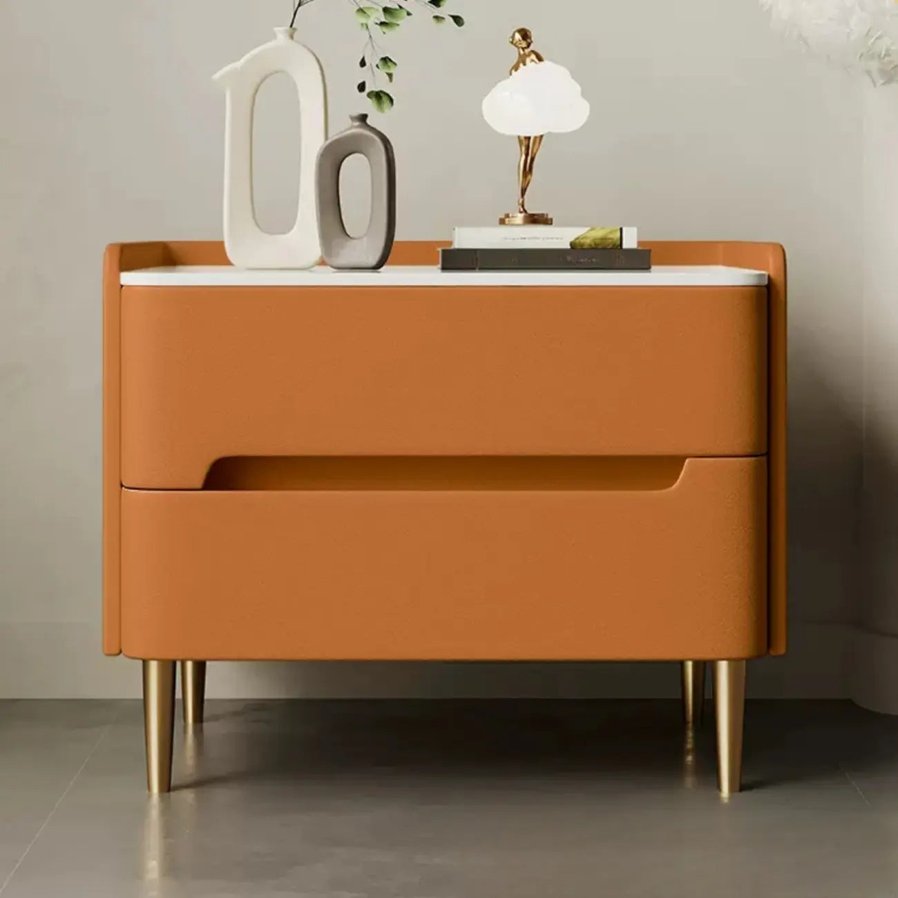 Modern Bedside Table with Marble Top & Storage Drawers