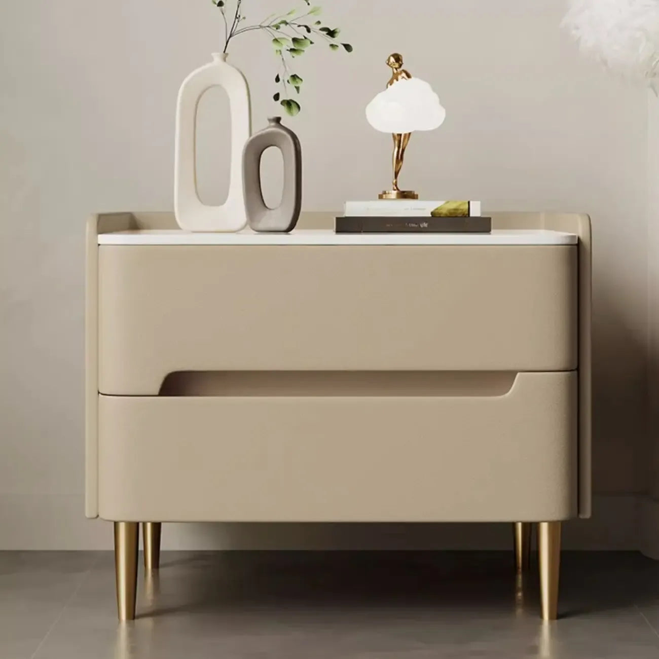 Modern Bedside Table with Marble Top & Storage Drawers