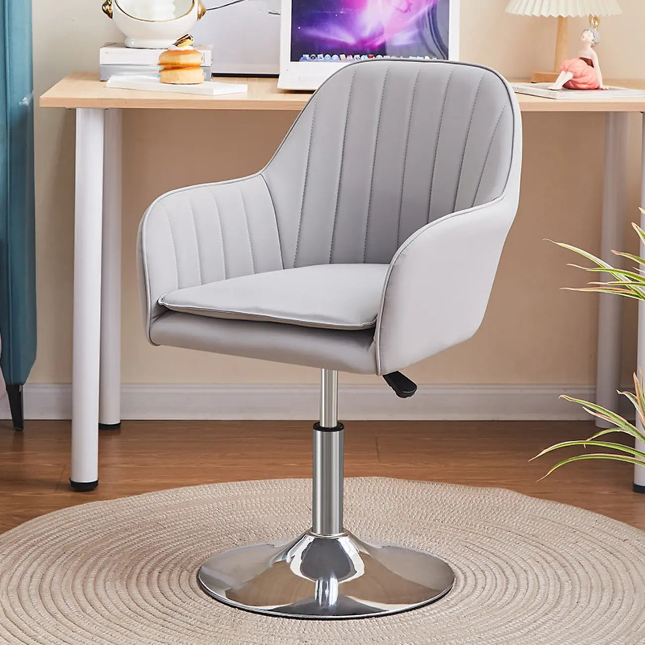 Sleek Grey Leather Swivel Office Chair