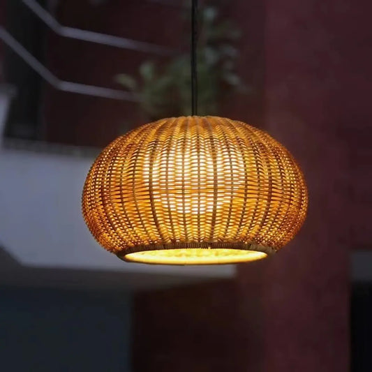 Oriental Brown Outdoor Rattan Pendant Lights in Drum Shape